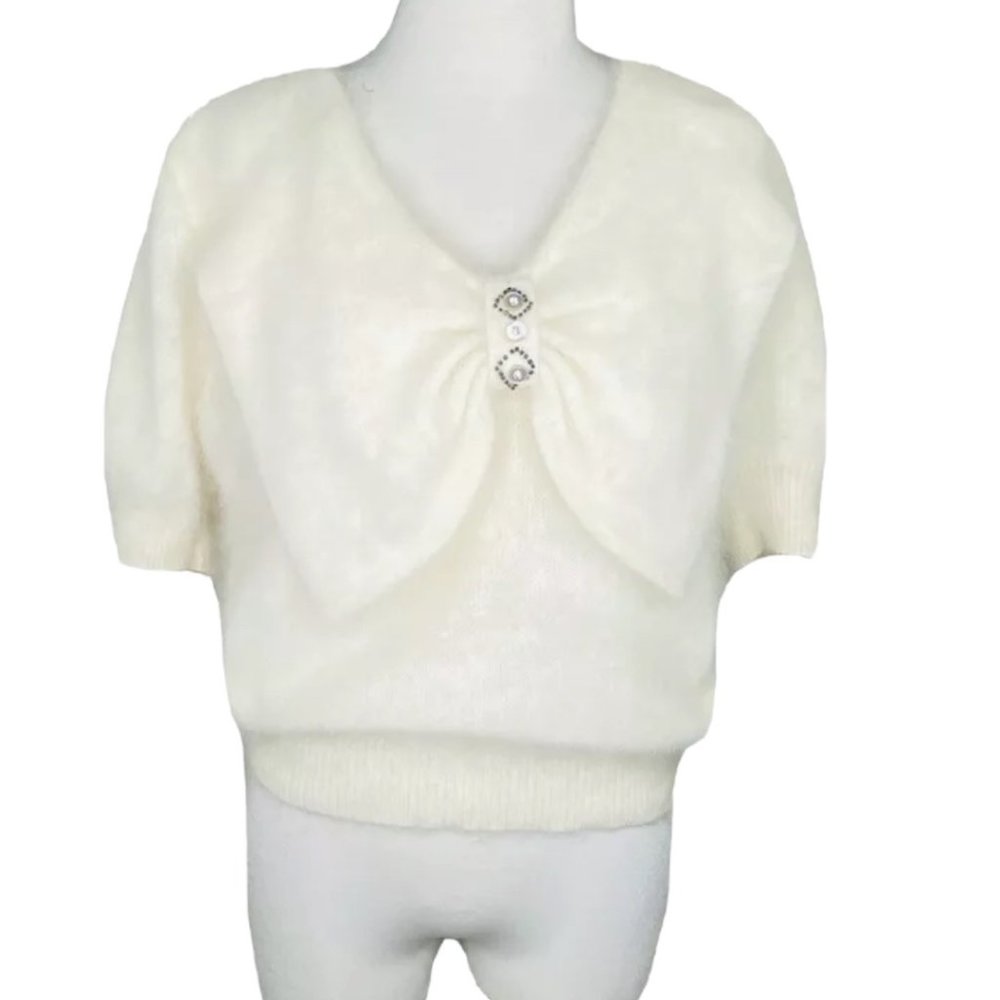 I B DIFFUSION Angora Sweater Dolman Sleeve Ivory Beaded Bow Accent Vintage Top - Picture 2 of 14